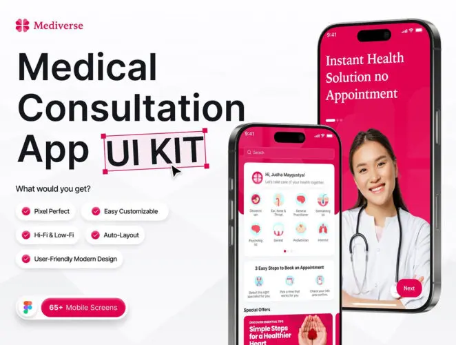 在线门诊医生咨询应用程序手机UI套件移动互联网医疗app界面设计 Mediverse – Medical Consultation App UI Kit