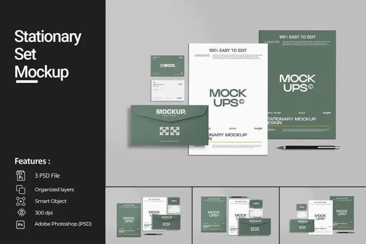 企业品牌文具模型展示vi设计贴图ps样机素材模板 Stationary Set Mockup