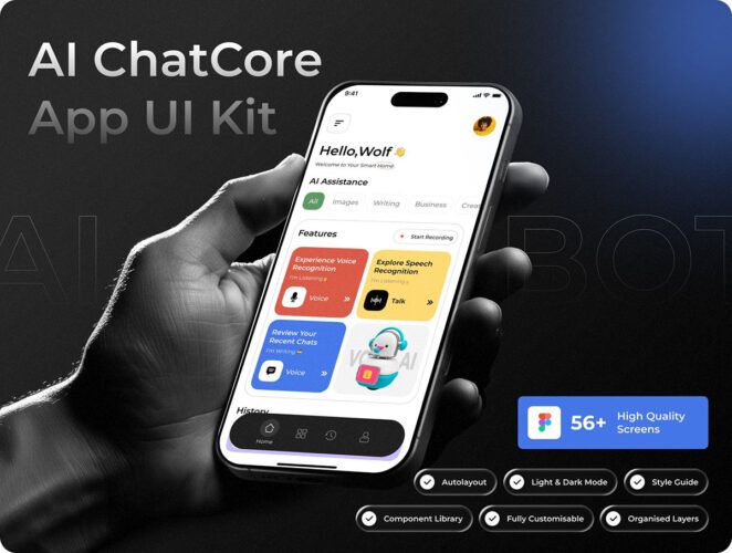 56+屏AI聊天机器人和人工智能文本助手应用程序 ChatCore | AI Chat BOT App UI KIT