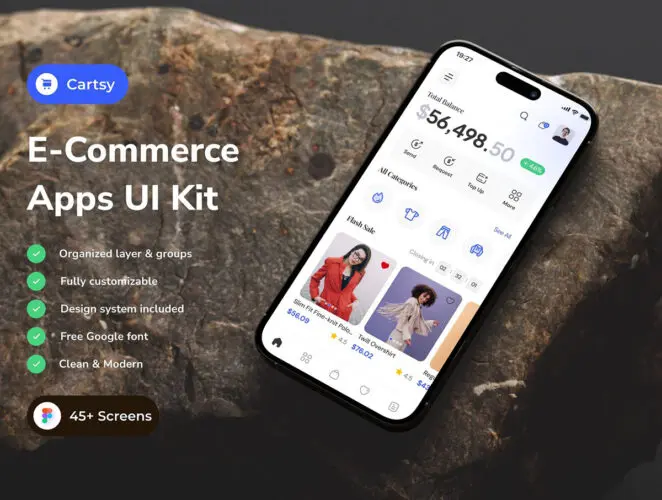 45+ 高级电子商务商店应用程序 UI 套件 Cartsy – E-Commerce Shop App IOS UI Kits