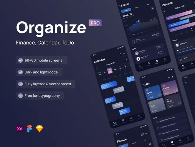 财务、日历和待办事项应用程序 UI 套件 Finance, Calendar & To-Do App UI Kit – Organize Pro
