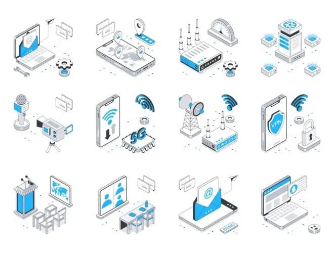 网络和通信动画和等距插图 Network and Communication Animations & illustrations