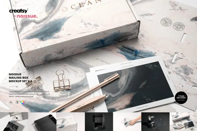 7款长方形快递打包飞机盒纸盒礼盒包装设计展示效果图ps样机素材 Noissue Mailing Box Mockup Set v.5
