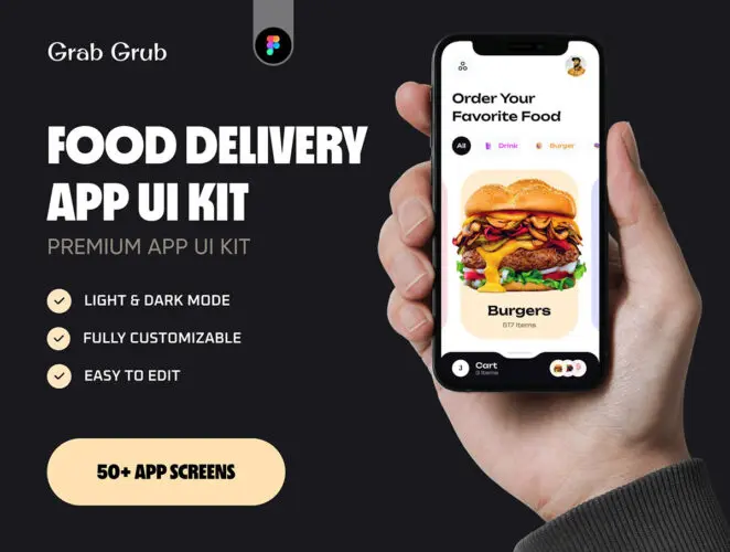 餐饮配送手机app界面设计美食外卖送餐ui设计素材 Food Delivery App UI Kit – Grab Grub