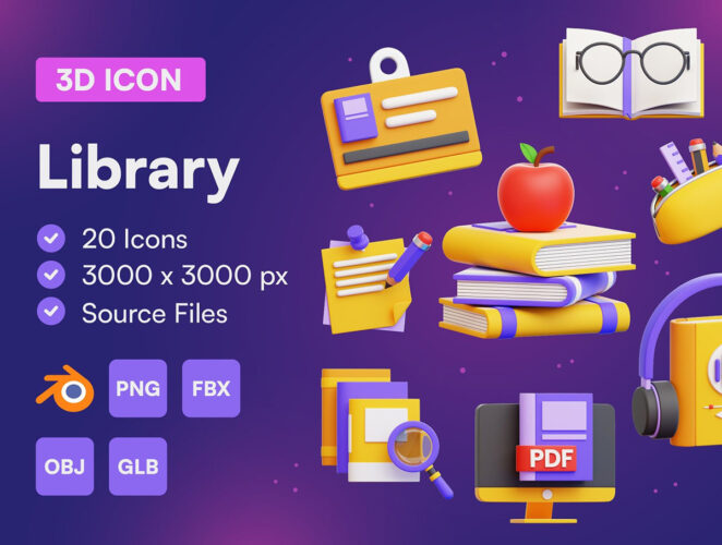 20款图书馆书本阅读学习文具3D图标icon设计素材png免抠图片 20 Library 3D Icon Set