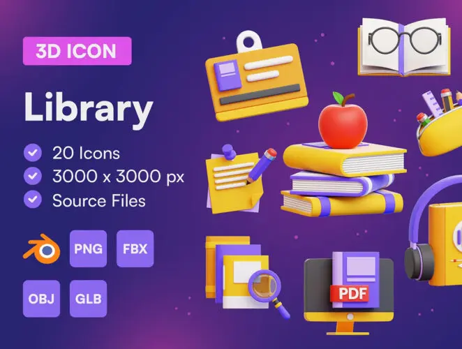 20款图书馆书本阅读学习文具3D图标icon设计素材webp免抠图片 20 Library 3D Icon Set