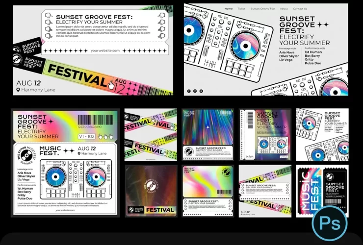 音乐节艺术节门票渐变海报排版banner页面PSD设计素材源文件 Art Festival Tickets