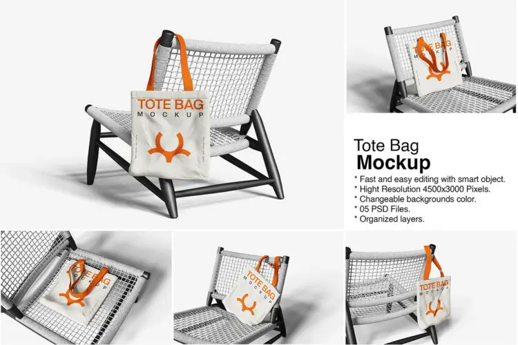 网格织物座椅上的手提帆布购物袋模型品牌logo印花图案设计贴图ps样机素材模板 Tote Bag Mockup