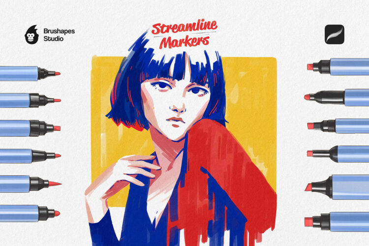 12款时尚真实质感手绘草图插图插画马克笔绘画Procreate/Affinity/Illustrator/Photoshop笔刷素材 Streamline Markers Brushes