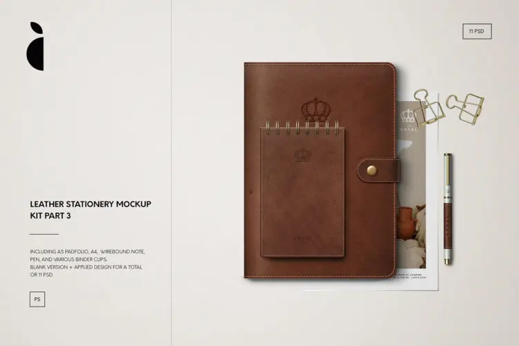 皮革笔记本记事本封面封底内页设计展示贴图ps文具样机素材 Leather Stationery Mockup Kit Vol.3