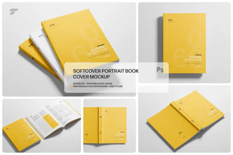 15款平装书籍书本模型封面内页封底展示设计贴图ps样机素材模板 Softcover Portrait Book Mockup Set