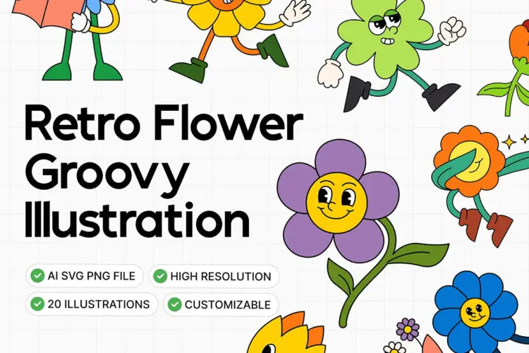 复古卡通拟人花朵花卉装饰插图插画webp免抠图设计素材 Retro Flower Groovy Illustration Set