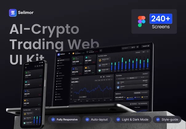 AI 驱动的加密货币金融理财电子钱包管理应用app界面设计UI素材 AI-Crypto Trading, Marketplace & Wallet UI Kit