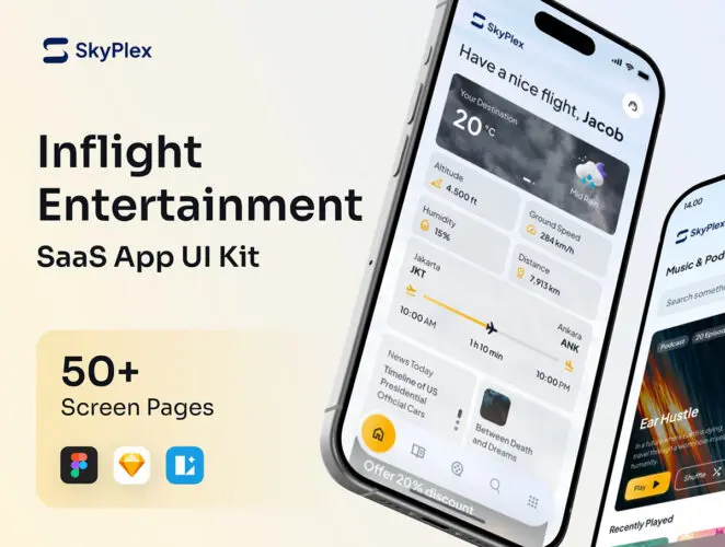 用于航空飞机上娱乐的高级 SAAS 移动应用程序 UI 套件 SkyPlex – Inflight Entertainment Management SAAS App UI Kit