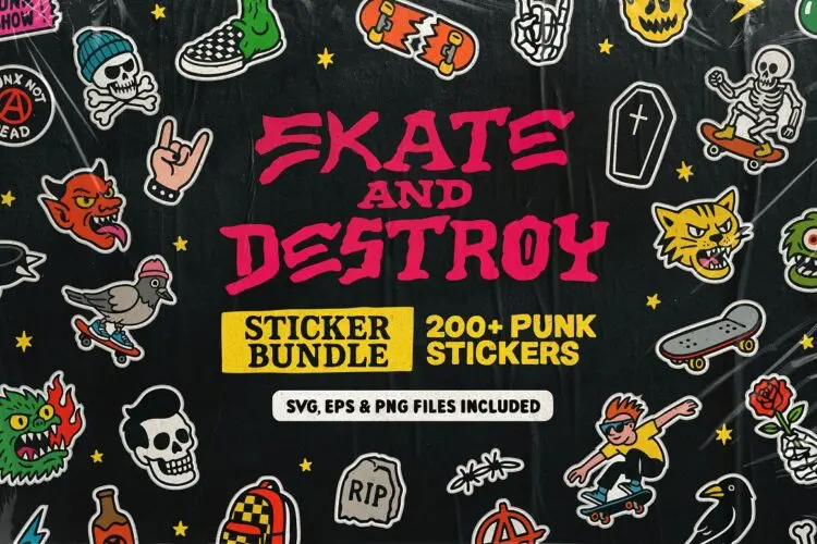 200多款潮流复古街头滑板摇滚朋克潮牌手绘贴纸插图插画ai矢量素材 Skate and Destroy 200+ Sticker Set