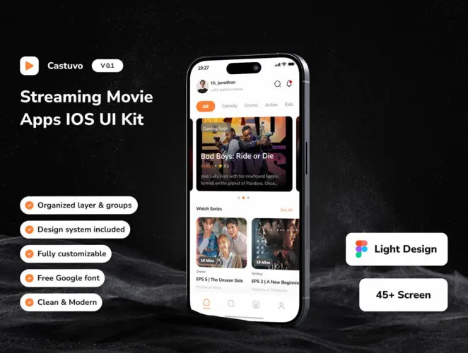 45屏电影流媒体移动应用app设计用户界面ui套件模板 Castuvo – Streaming Movie Mobile App UI Kit