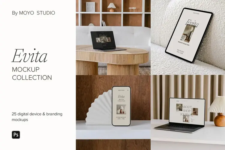 25款中性优雅时尚iPhone手机iPad平板Macbook笔记本ps样机素材 Evita Device & Stationery Mockup Bundle