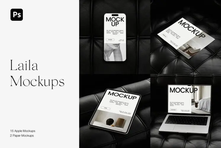 17款工业风iPhone手机iPad平板Macbook笔记本电脑单页ps样机素材 Laila Mockups Graphics
