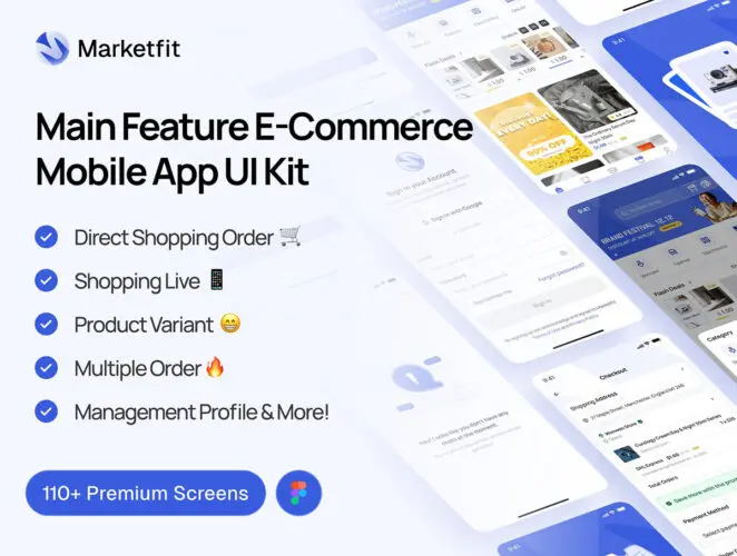 110屏精致简洁电子商务app设计电商用户界面ui套件模板 Marketfit – E-Commerce Mobile App UI Kit