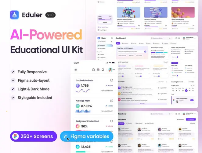 500屏Ai人工智能在线学习教育平台响应式用户界面设计ui套件明暗模板 Eduler – AI-Powered Educational UI Kit