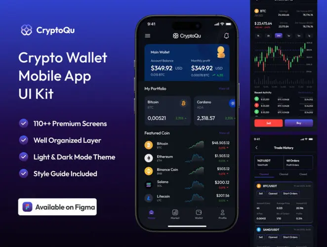 110屏银行金融投资管理加密钱包app设计用户界面ui套件明暗模板 CryptoQu – Crypto Wallet App UI Kit