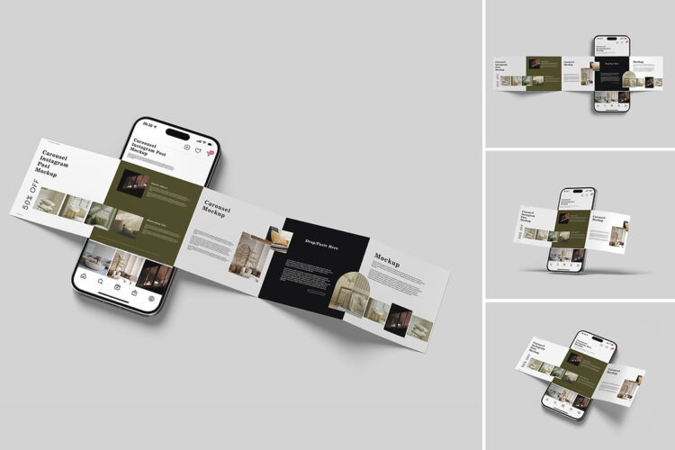 社交媒体手机广告轮播展示设计贴图ps样机素材模板 Carousel instagram post mockup