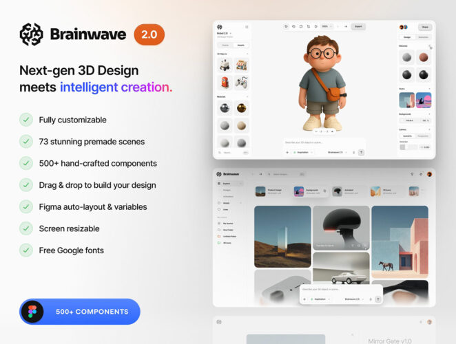 73屏AI人工智能3D模型在线编辑生成工具软件UI用户界面设计模板 Brainwave 2.0 AI-Powered 3D UI Kit