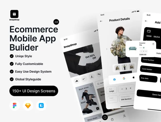 150屏手机商城移动电商应用app设计用户界面ui卡片组件套件模板 Snapshop E-Commerce Mobile App Builder