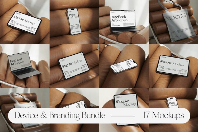 iPhone手机iPad平板Macbook笔记本电脑沙发场景展示效果图ps样机 Device & Branding Mockup Bundle