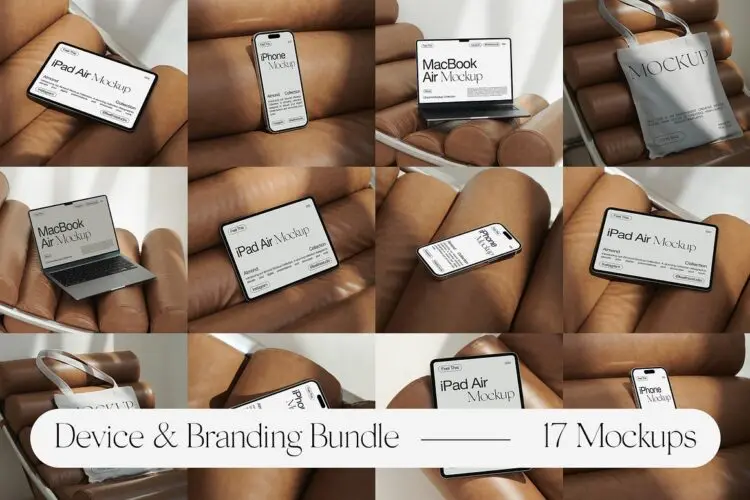 iPhone手机iPad平板Macbook笔记本电脑沙发场景展示效果图ps样机 Device & Branding Mockup Bundle