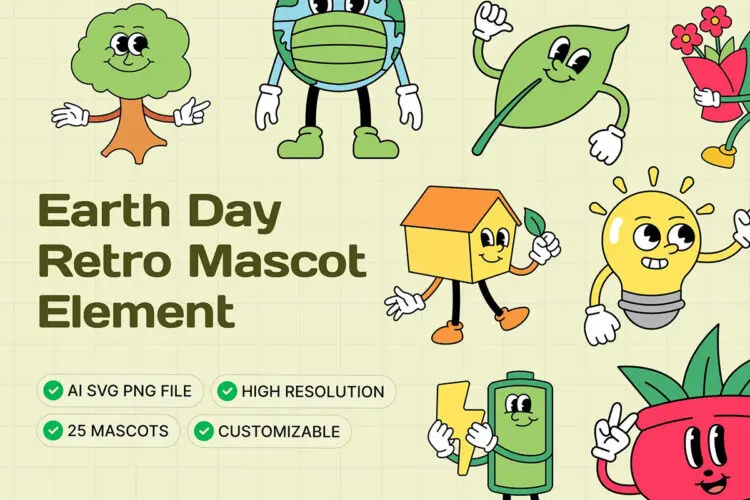 地球日环境保护拟人吉祥物插图插画矢量设计素材 Earth Day Retro Mascot Element Set