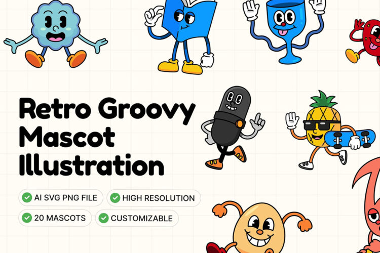 社交媒体营销推广卡通拟人吉祥物剪切画插图ai矢量设计素材 Groovy Mascot Illustration Set