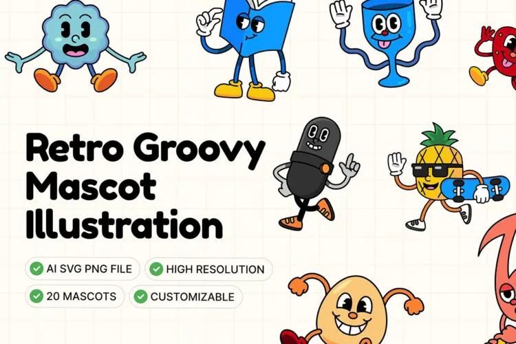 社交媒体营销推广卡通拟人吉祥物剪切画插图ai矢量设计素材 Groovy Mascot Illustration Set