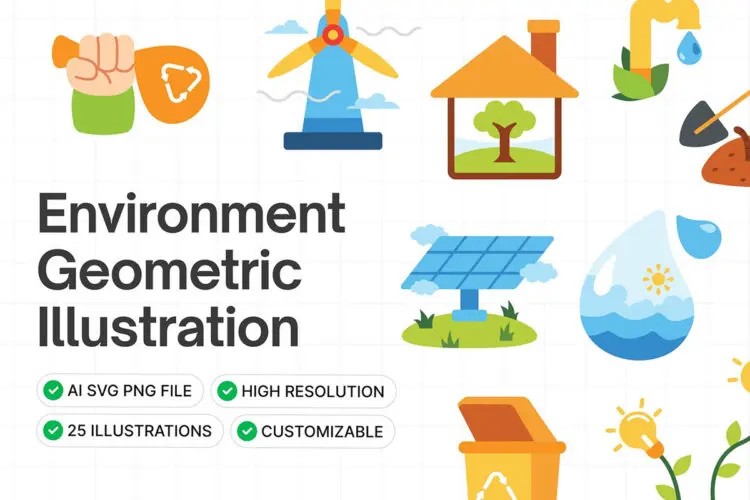 绿色地球环境保护手绘剪切画装饰元素ai矢量设计素材 Environmental Geometric Illustration Set