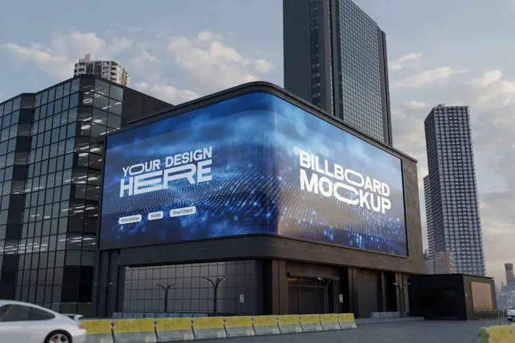 户外城市巨幅裸眼3D显示屏街头广告牌招贴宣传海报样机素材mockup国外设计模板 Realistic Urban Corner Billboard Mockup