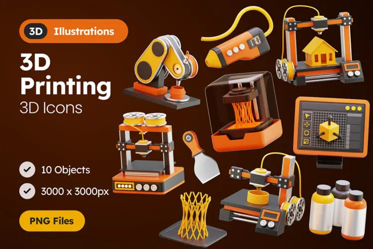 20款3D立体3D打印机3D打印耗材3D打印硬件插图插画图标webp免抠图片素材 3D Printing Icons