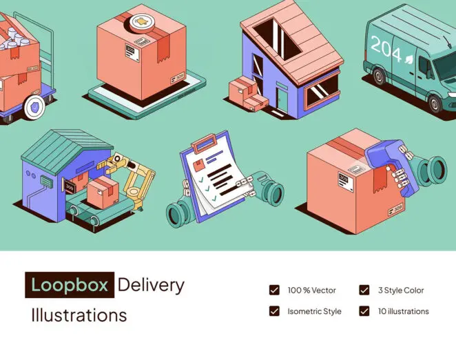 10款趣味干净等距物流运输打包智能仓库自动检查icon图标AI矢量插画 Loopbox – Delivery Illustrations Set