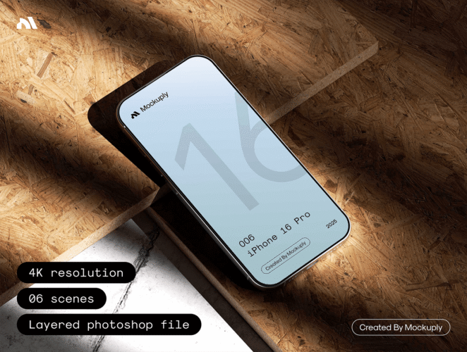 6款原木工业风iPhone16手机App应用UI界面设计展示效果图ps样机 iPhone 16 Pro 006 Mockuply