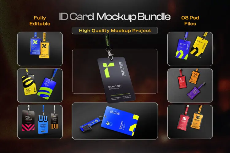 8款工业风工作证ID门禁卡通行证吊牌胸卡设计展示效果图ps样机 Vertical ID Card Mockup Set