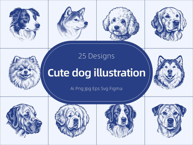 25款单色手绘宠物犬小狗头像线描绘画装饰插图插画ai矢量设计素材 Cute Dog Illustration 1