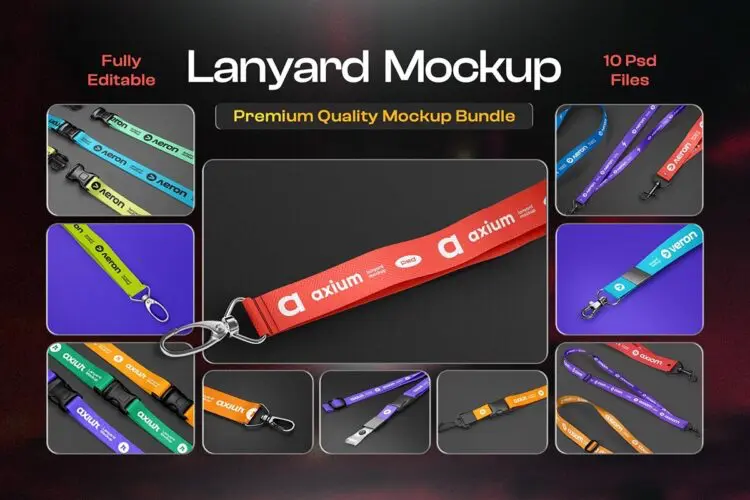 10款金属扣肩带防丢挂绳背带露营配饰设计展示效果图ps样机素材 Lanyard ID card Holder Mockup