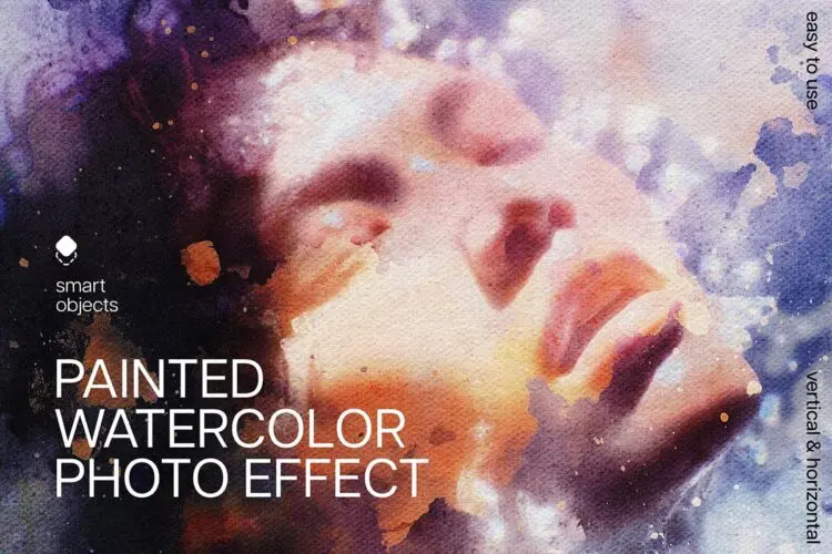 时尚艺术手绘渗色水墨绘画水彩插画人像照片后期ps特效样机模板 Watercolor Paint Photo Effect