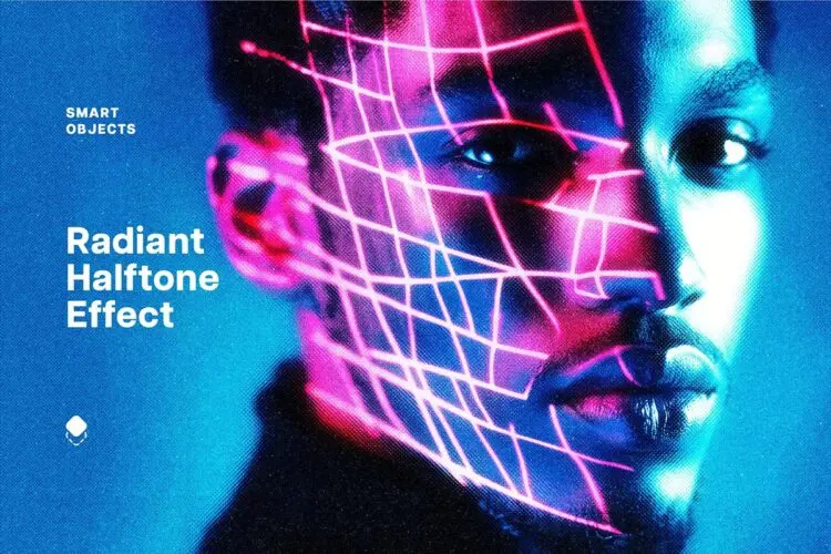 潮流复古柔光半调未来科幻赛博朋克艺术人像照片后期ps特效样机 Radiant Halftone Photo Effect