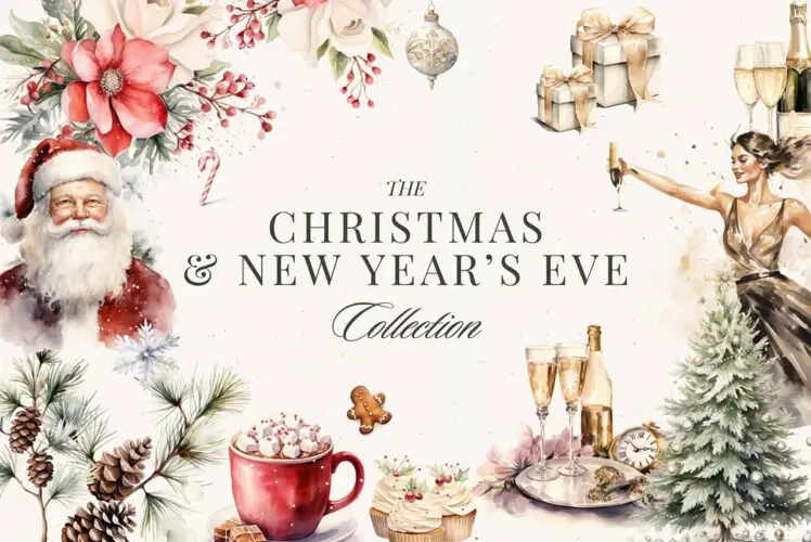 158款复古时尚圣诞节新年水彩手绘装饰插图插画webp免抠图片素材 Christmas Watercolor Collection