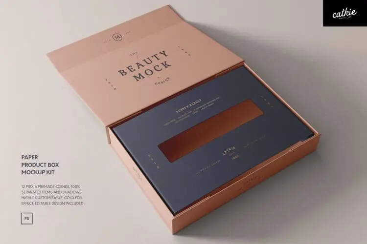 6款长方形磁吸翻盖礼物盒纸盒产品包装盒子设计展示效果图ps样机 Paper Product Box Mockup Kit