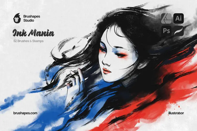 56款水墨水彩印章数字绘画效果AI/Affinity/Procreate/Photoshop矢量笔刷画笔素材 Ink Mania Brushes