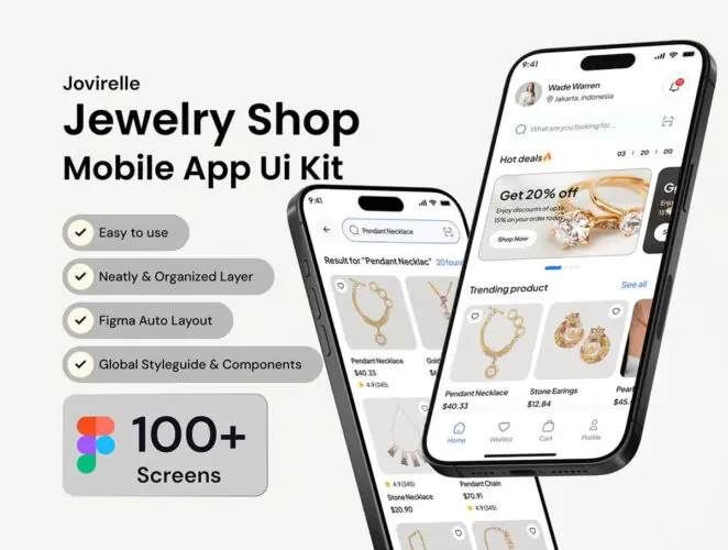 100+屏珠宝店移动的应用程序 UI 套件 Jovirelle Jewelry Shop Mobile App Ui Kit