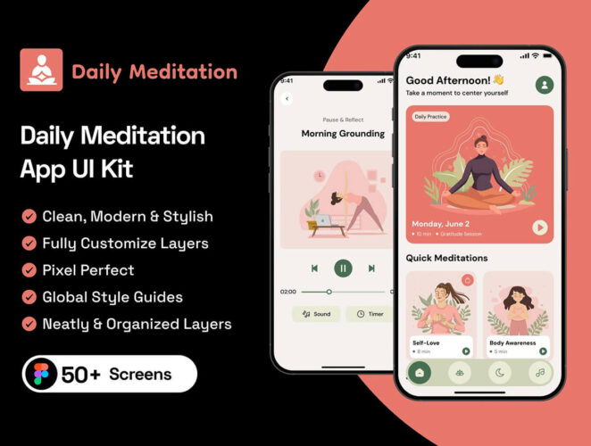 在线瑜伽课程冥想锻炼社交健康数据跟踪app设计组件明暗ui套件 Daily Meditation App UI Kit
