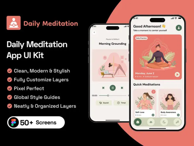 在线瑜伽课程冥想锻炼社交健康数据跟踪app设计组件明暗ui套件 Daily Meditation App UI Kit