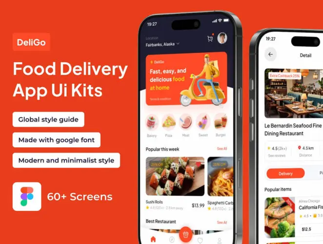 手机在线订餐外卖配送送餐app界面设计橘红色ui套件模板 DeliGo – Food Delivery Premium UI KIts App